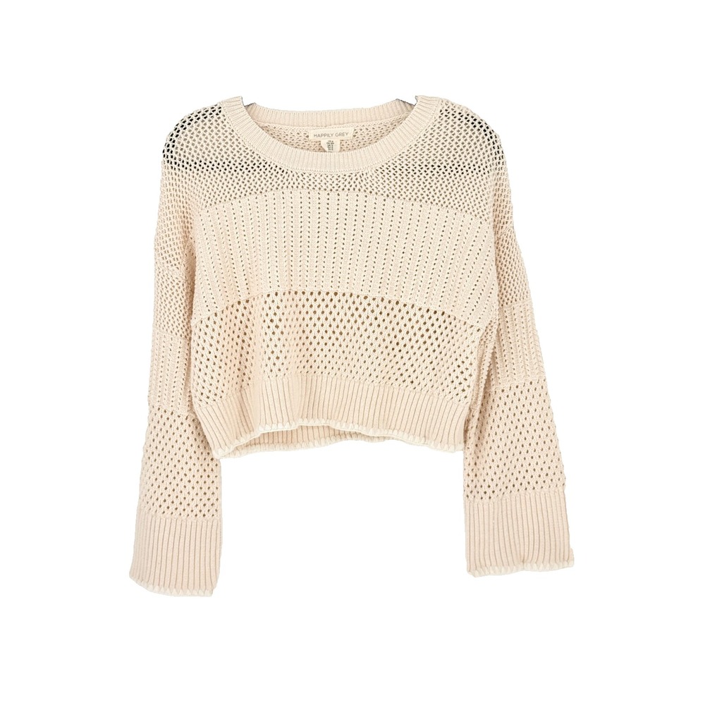 Cropped Y2K Oversized Open Knit Crochet Sweater Boho Cream Cotton Blend Size S